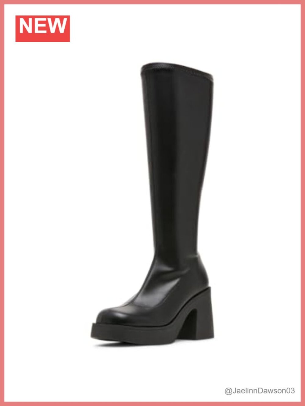 Black Knee High Platform Boots Block Heel Pull-On Almond Toe